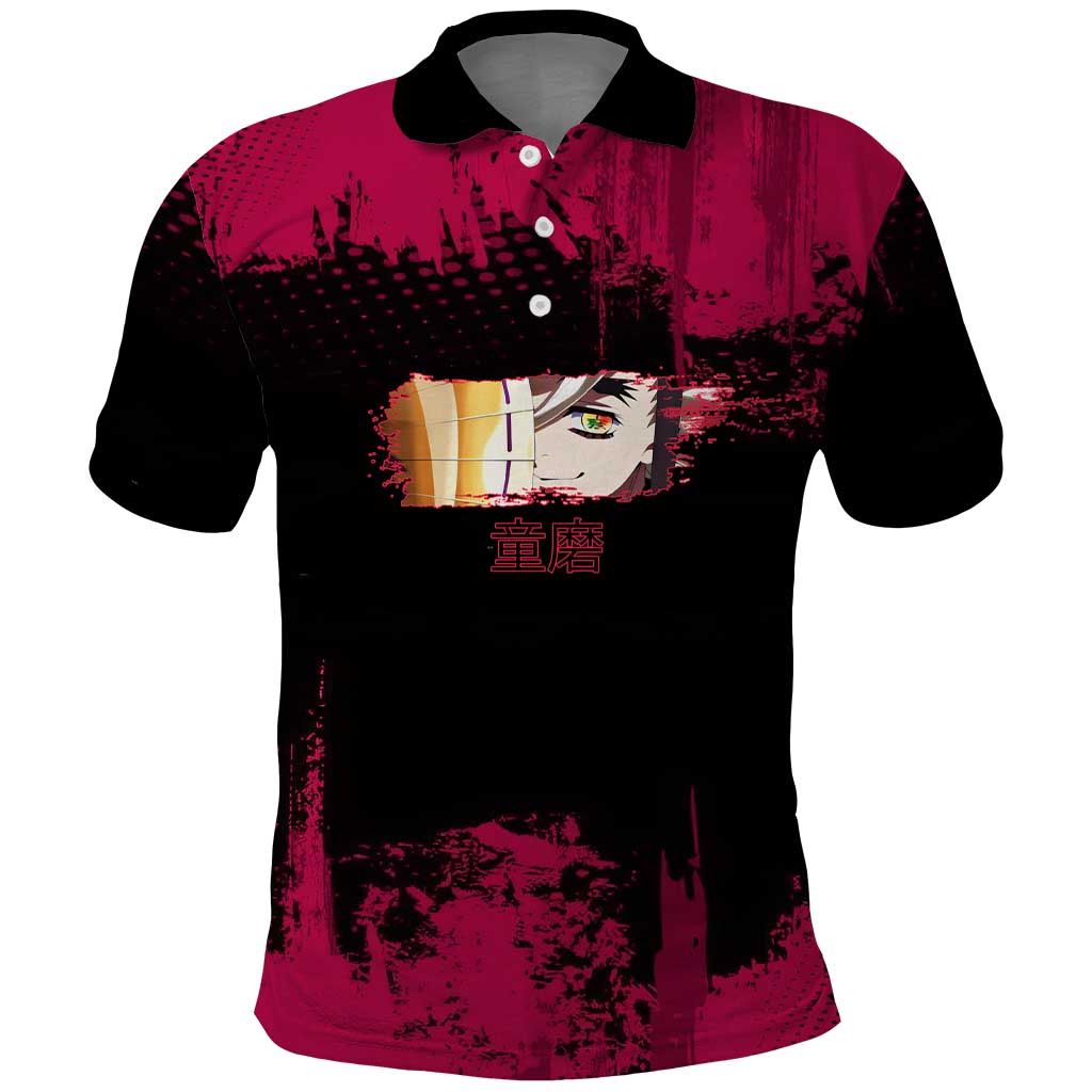 Douma Demon Slayer Red Grunge Design Polo Shirt with Fan Pose and Piercing Eyes Detail - The Mazicc