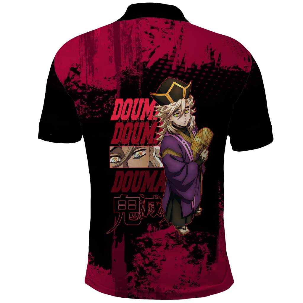 Douma Demon Slayer Red Grunge Design Polo Shirt with Fan Pose and Piercing Eyes Detail - The Mazicc