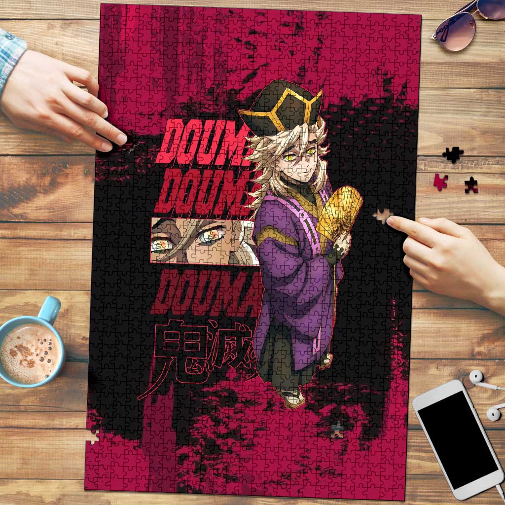 Douma Demon Slayer Red Grunge Design Puzzle with Fan Pose and Piercing Eyes Detail - The Mazicc