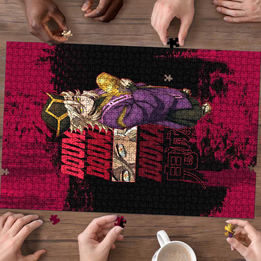 Douma Demon Slayer Red Grunge Design Puzzle with Fan Pose and Piercing Eyes Detail - The Mazicc