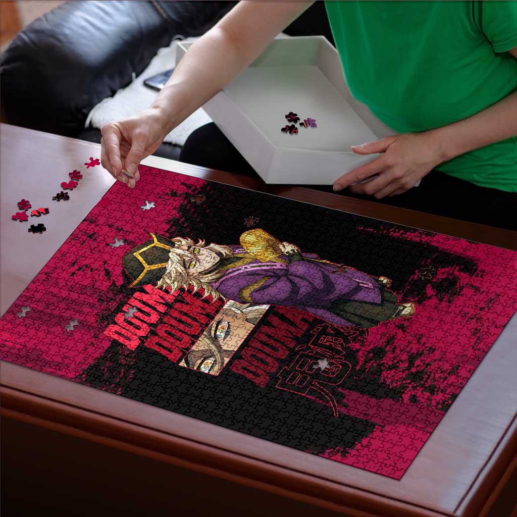 Douma Demon Slayer Red Grunge Design Puzzle with Fan Pose and Piercing Eyes Detail - The Mazicc