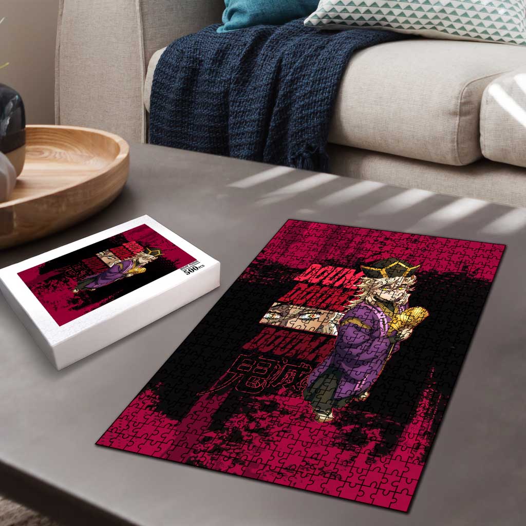 Douma Demon Slayer Red Grunge Design Puzzle with Fan Pose and Piercing Eyes Detail - The Mazicc