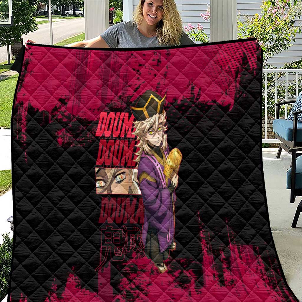 Douma Demon Slayer Red Grunge Design Quilt with Fan Pose and Piercing Eyes Detail - The Mazicc