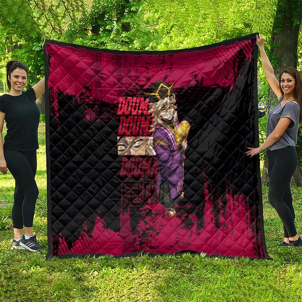 Douma Demon Slayer Red Grunge Design Quilt with Fan Pose and Piercing Eyes Detail - The Mazicc