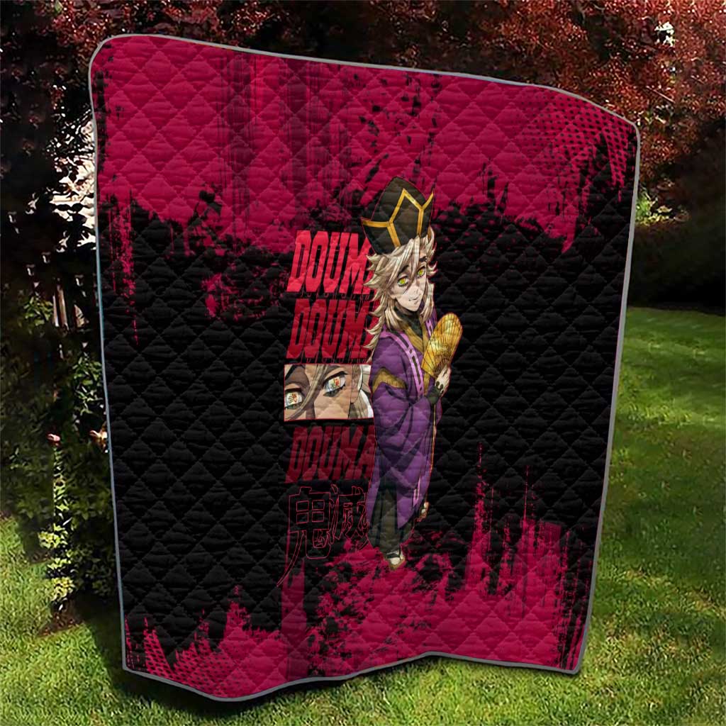 Douma Demon Slayer Red Grunge Design Quilt with Fan Pose and Piercing Eyes Detail - The Mazicc