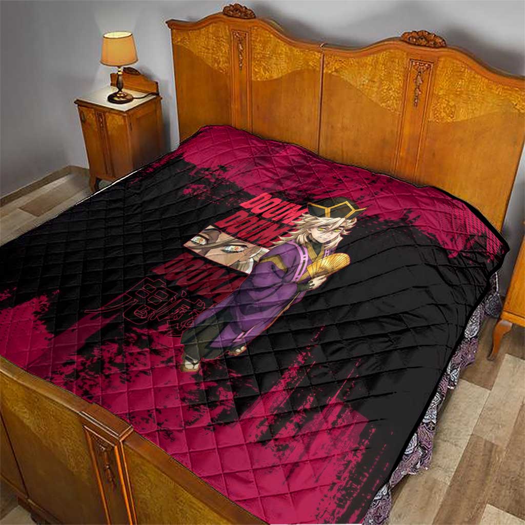 Douma Demon Slayer Red Grunge Design Quilt with Fan Pose and Piercing Eyes Detail - The Mazicc