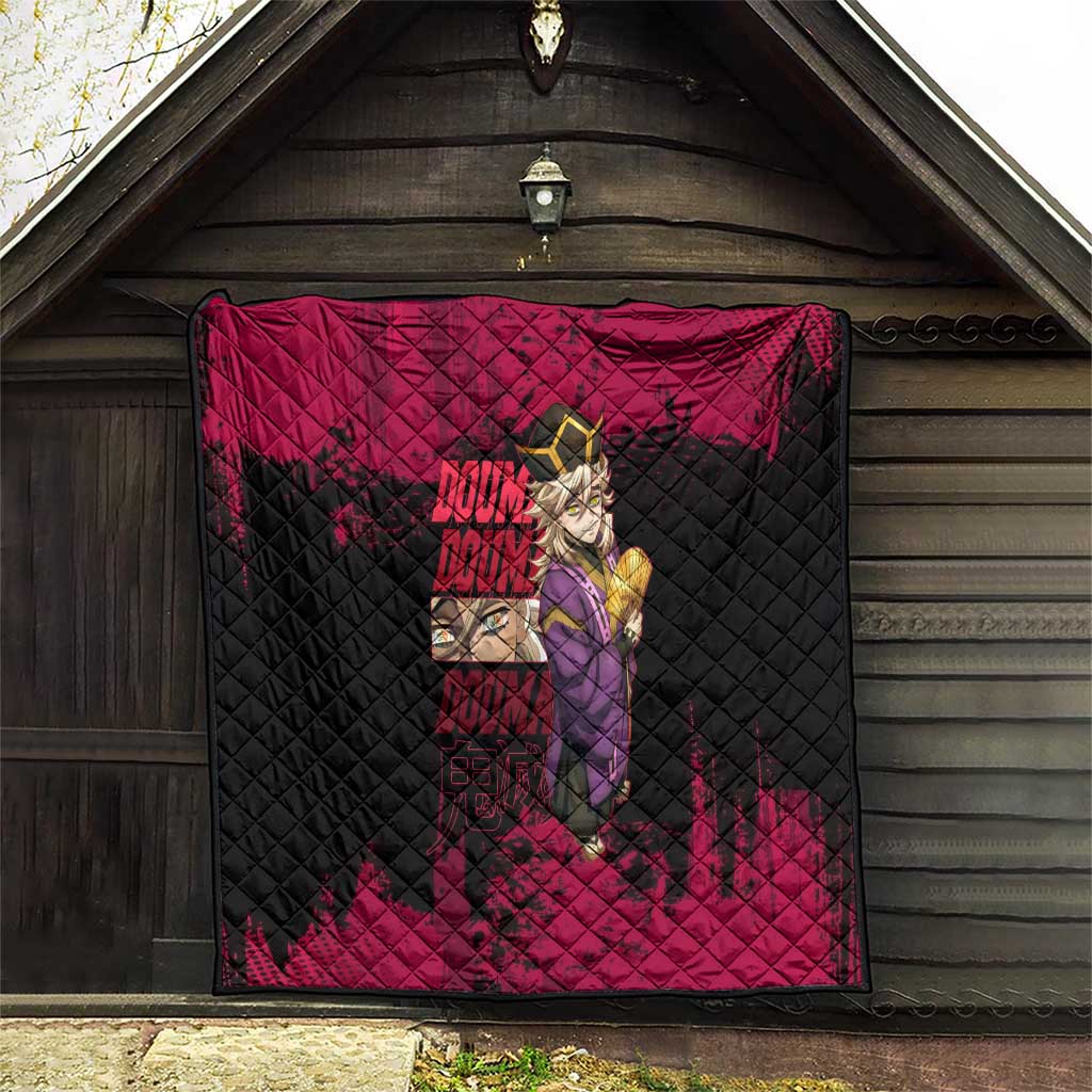 Douma Demon Slayer Red Grunge Design Quilt with Fan Pose and Piercing Eyes Detail - The Mazicc