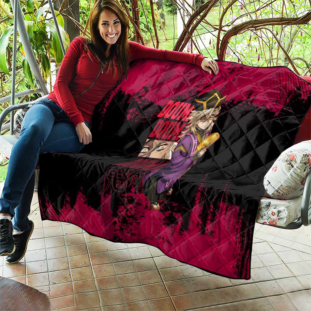 Douma Demon Slayer Red Grunge Design Quilt with Fan Pose and Piercing Eyes Detail - The Mazicc