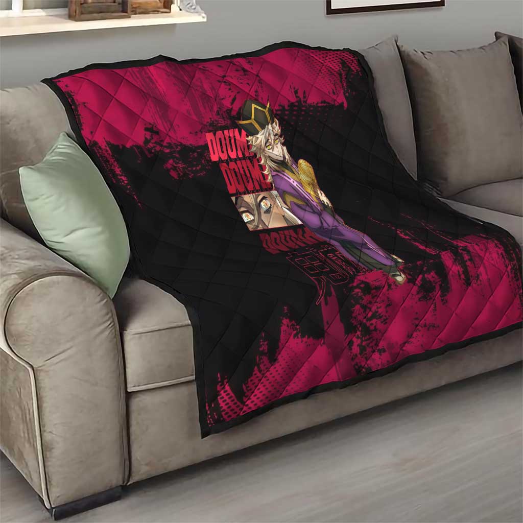 Douma Demon Slayer Red Grunge Design Quilt with Fan Pose and Piercing Eyes Detail - The Mazicc