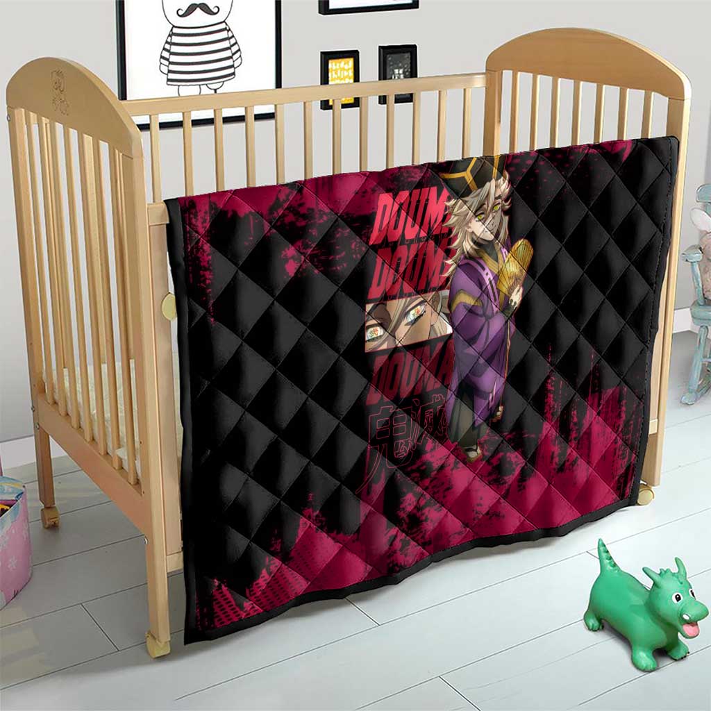 Douma Demon Slayer Red Grunge Design Quilt with Fan Pose and Piercing Eyes Detail - The Mazicc