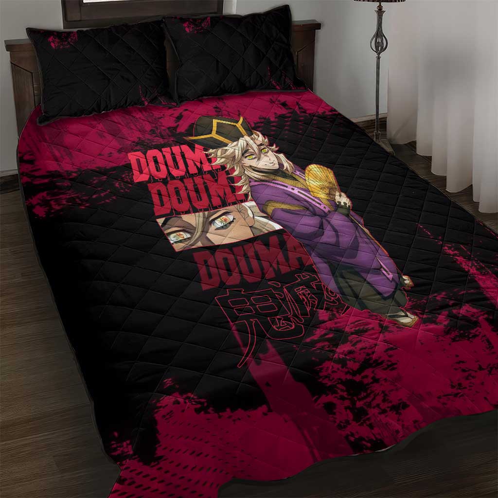 Douma Demon Slayer Red Grunge Design Quilt Bed Set with Fan Pose and Piercing Eyes Detail - The Mazicc
