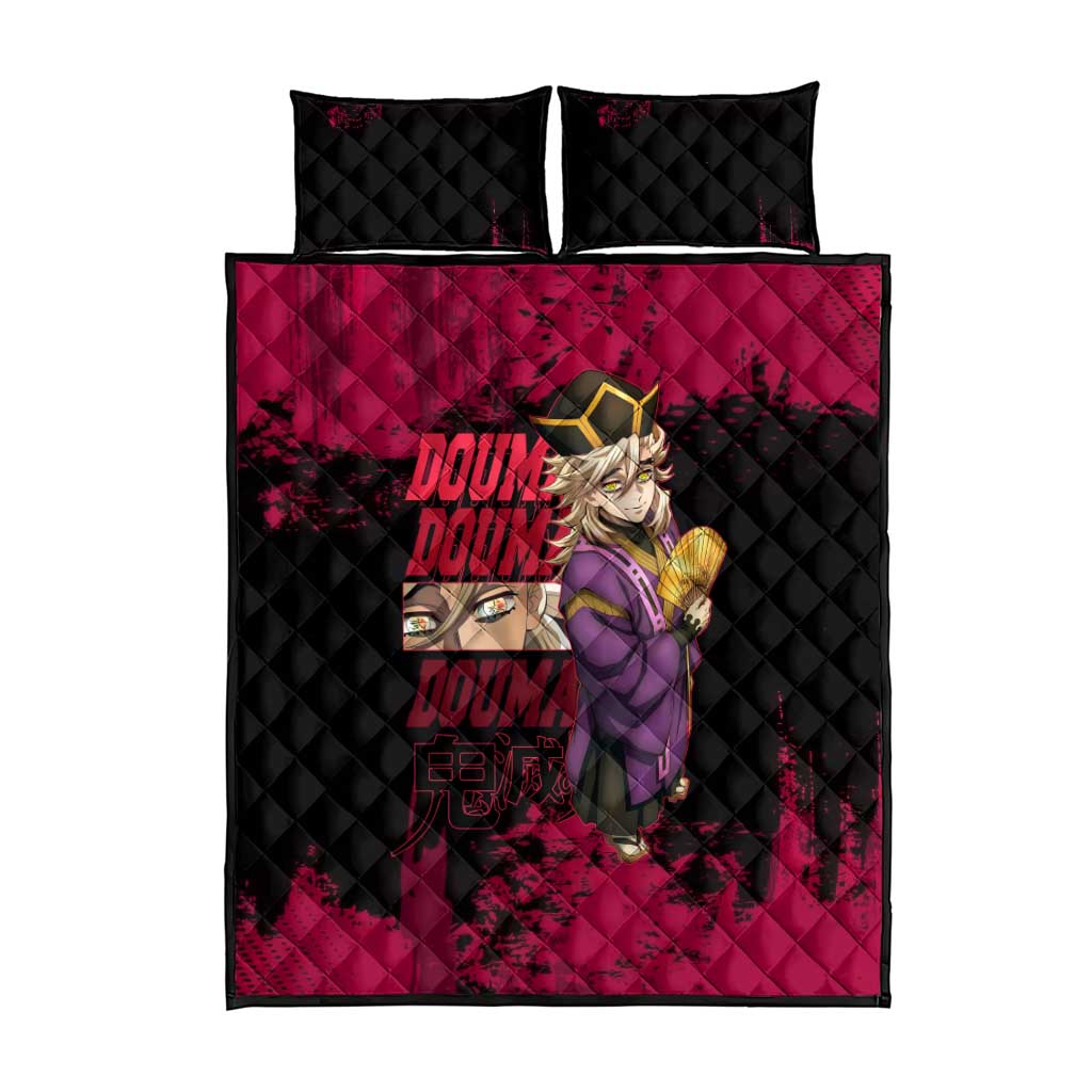 Douma Demon Slayer Red Grunge Design Quilt Bed Set with Fan Pose and Piercing Eyes Detail - The Mazicc