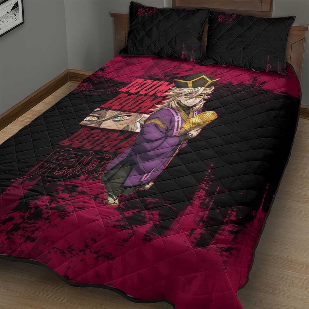 Douma Demon Slayer Red Grunge Design Quilt Bed Set with Fan Pose and Piercing Eyes Detail - The Mazicc