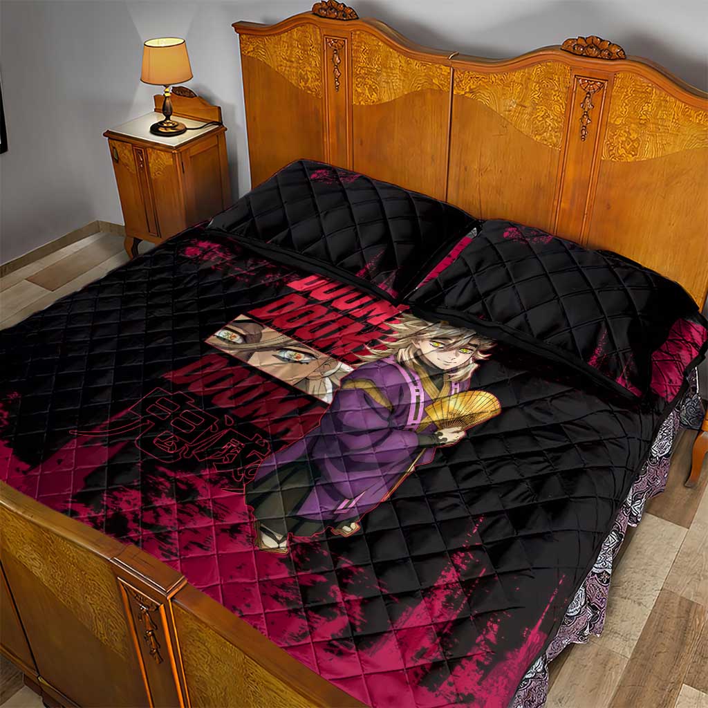 Douma Demon Slayer Red Grunge Design Quilt Bed Set with Fan Pose and Piercing Eyes Detail - The Mazicc