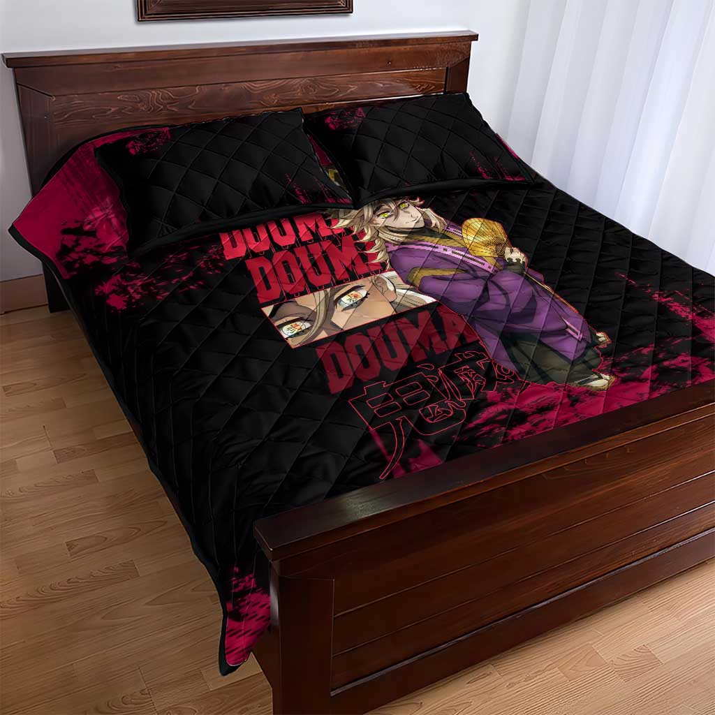 Douma Demon Slayer Red Grunge Design Quilt Bed Set with Fan Pose and Piercing Eyes Detail - The Mazicc