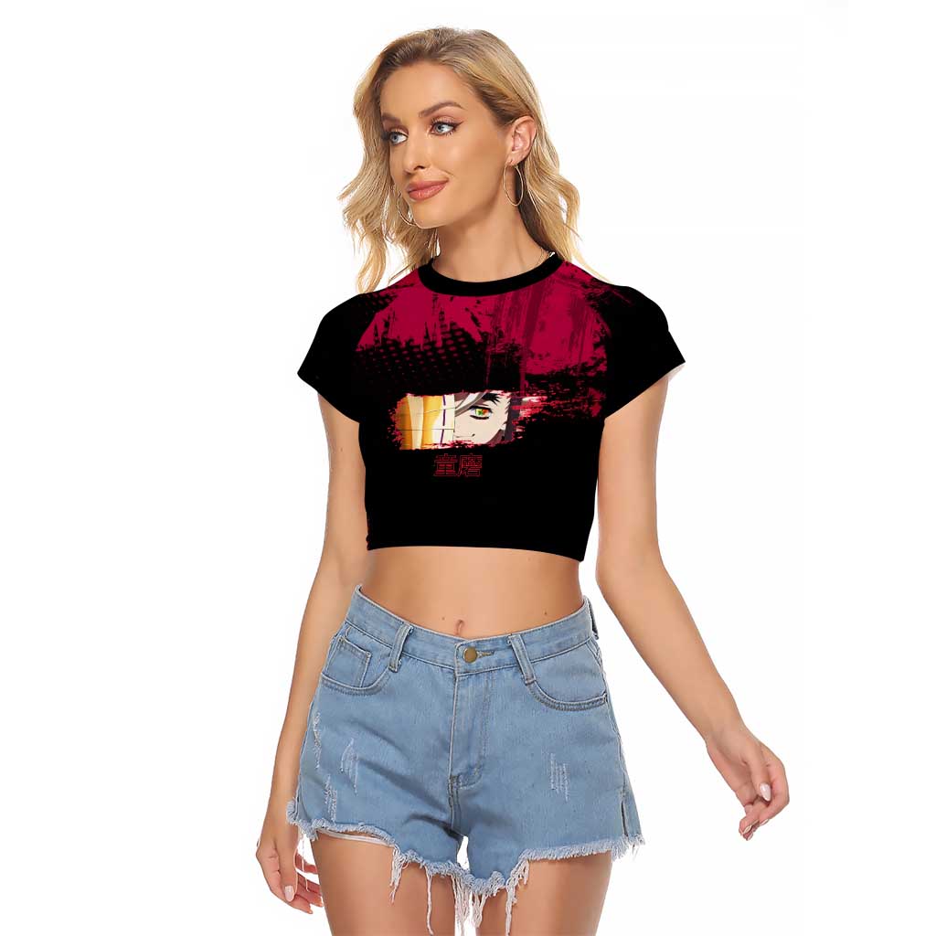 Douma Demon Slayer Red Grunge Design Raglan Cropped T Shirt with Fan Pose and Piercing Eyes Detail - The Mazicc