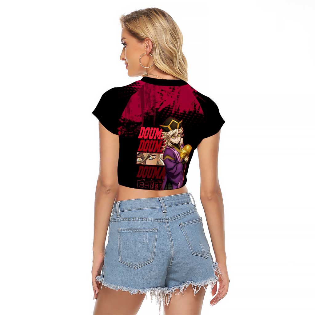 Douma Demon Slayer Red Grunge Design Raglan Cropped T Shirt with Fan Pose and Piercing Eyes Detail - The Mazicc