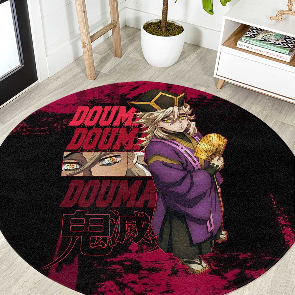Douma Demon Slayer Red Grunge Design Round Carpet with Fan Pose and Piercing Eyes Detail - The Mazicc