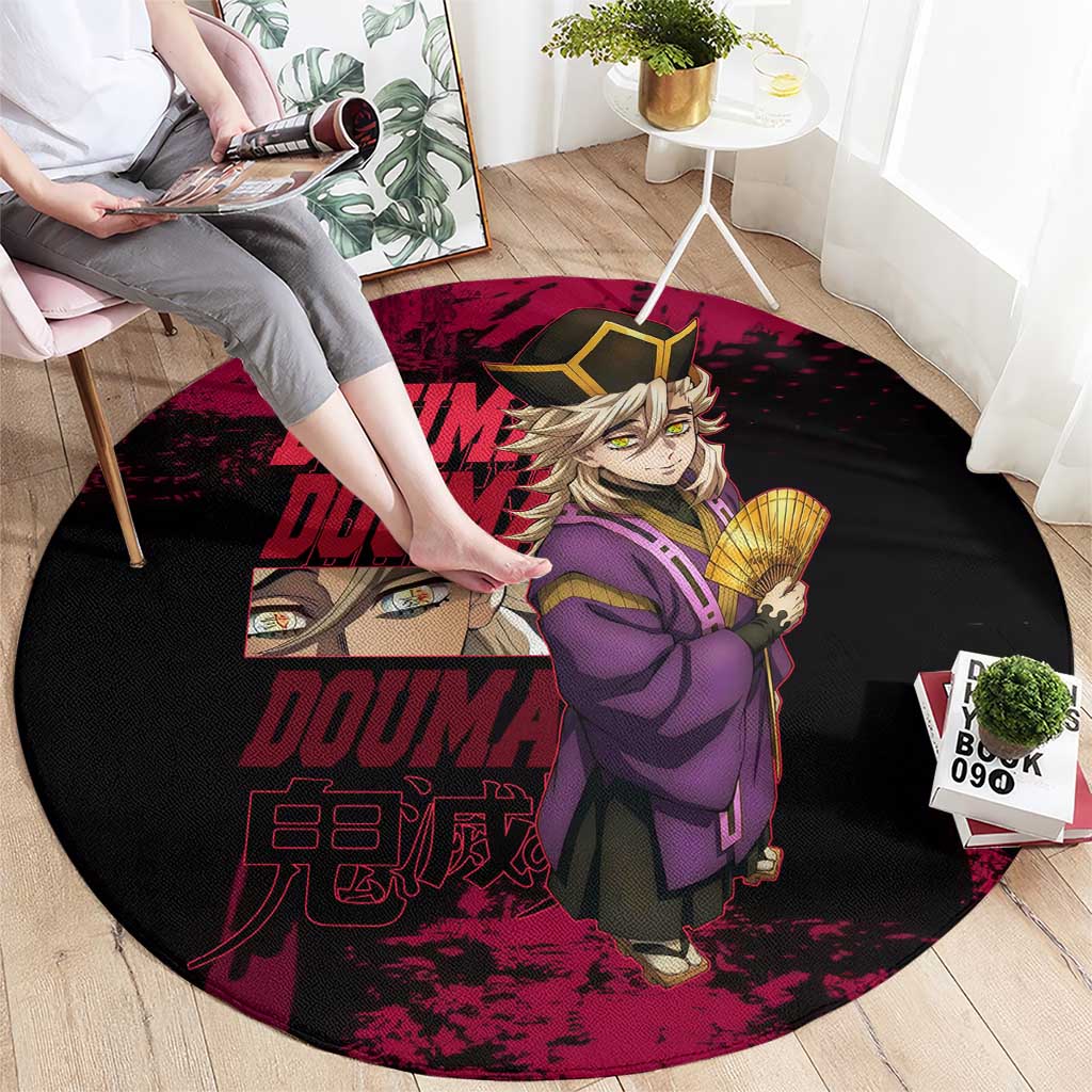 Douma Demon Slayer Red Grunge Design Round Carpet with Fan Pose and Piercing Eyes Detail - The Mazicc