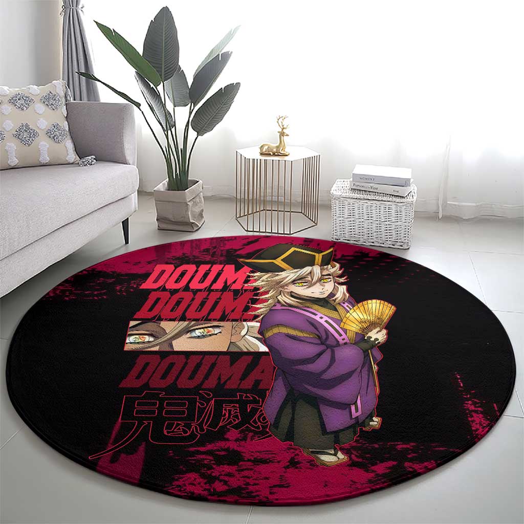 Douma Demon Slayer Red Grunge Design Round Carpet with Fan Pose and Piercing Eyes Detail - The Mazicc