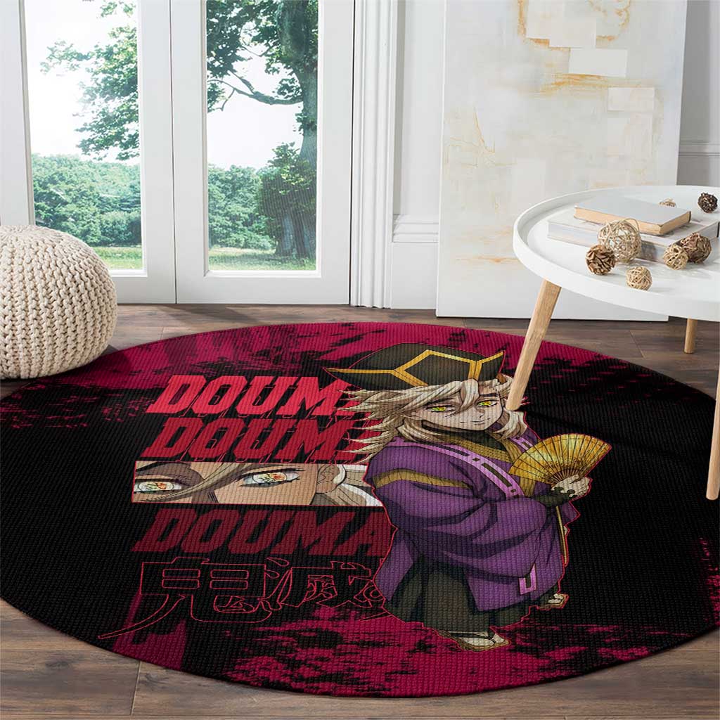 Douma Demon Slayer Red Grunge Design Round Carpet with Fan Pose and Piercing Eyes Detail - The Mazicc