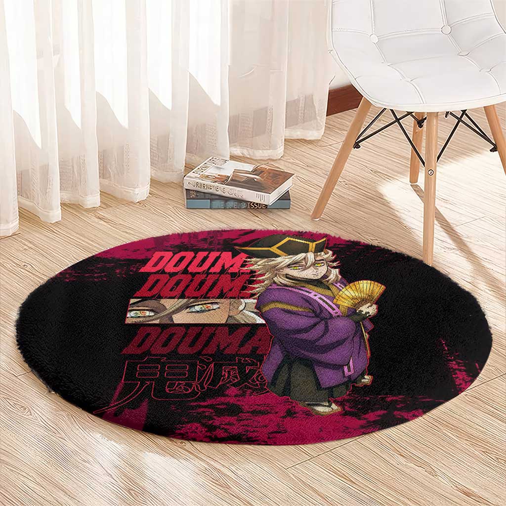 Douma Demon Slayer Red Grunge Design Round Carpet with Fan Pose and Piercing Eyes Detail - The Mazicc