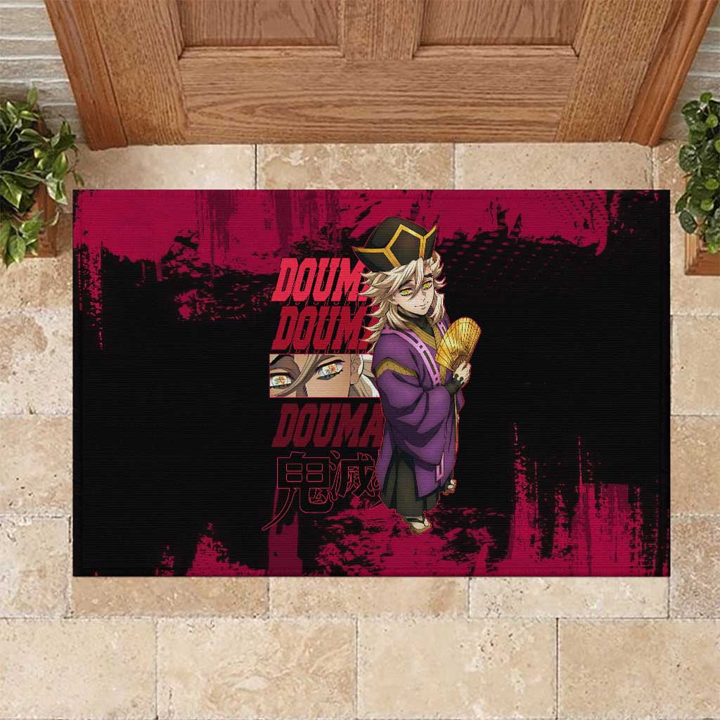 Douma Demon Slayer Red Grunge Design Rubber Doormat with Fan Pose and Piercing Eyes Detail - The Mazicc