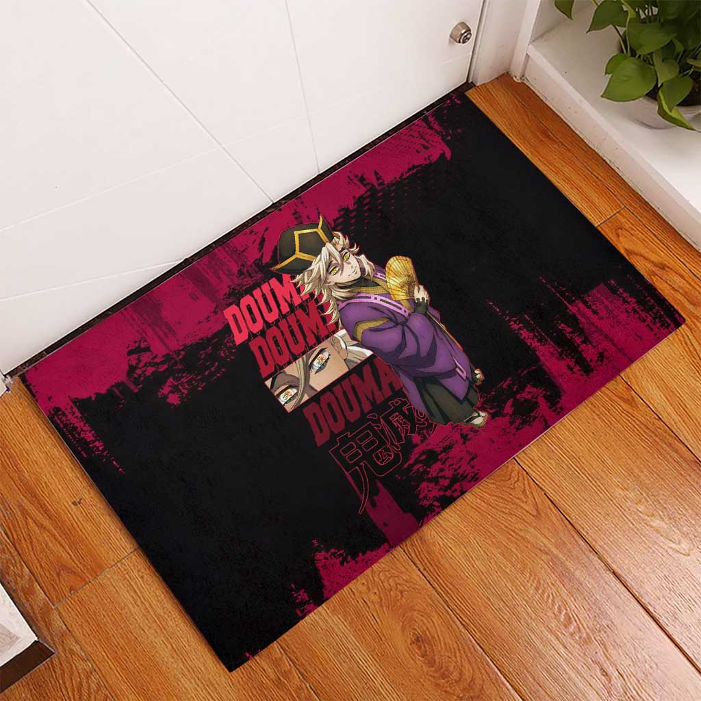 Douma Demon Slayer Red Grunge Design Rubber Doormat with Fan Pose and Piercing Eyes Detail - The Mazicc