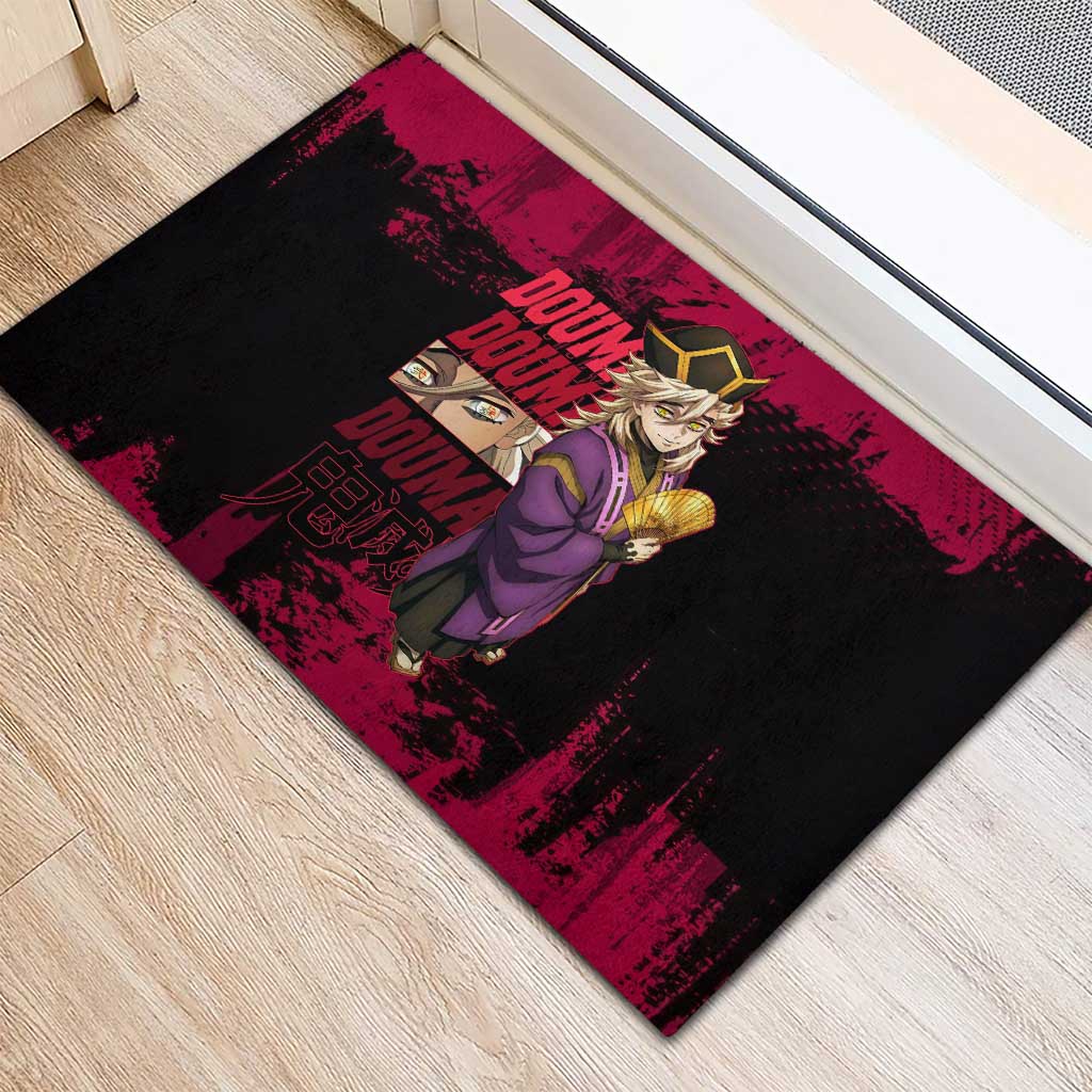 Douma Demon Slayer Red Grunge Design Rubber Doormat with Fan Pose and Piercing Eyes Detail - The Mazicc