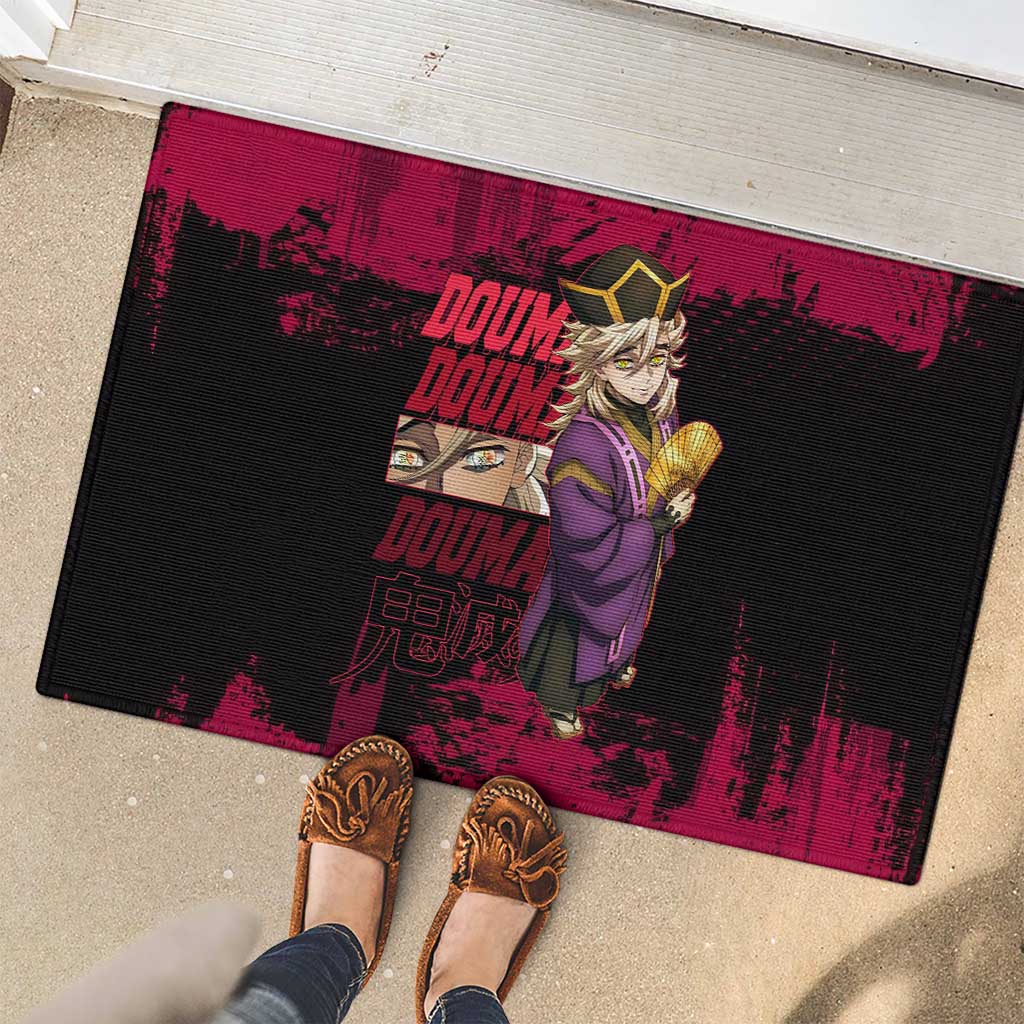 Douma Demon Slayer Red Grunge Design Rubber Doormat with Fan Pose and Piercing Eyes Detail - The Mazicc
