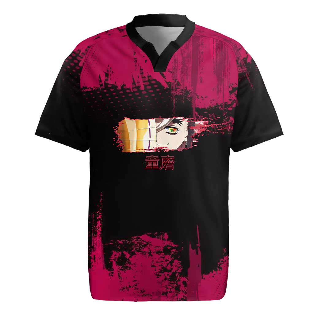 Douma Demon Slayer Red Grunge Design Rugby Jersey with Fan Pose and Piercing Eyes Detail - The Mazicc