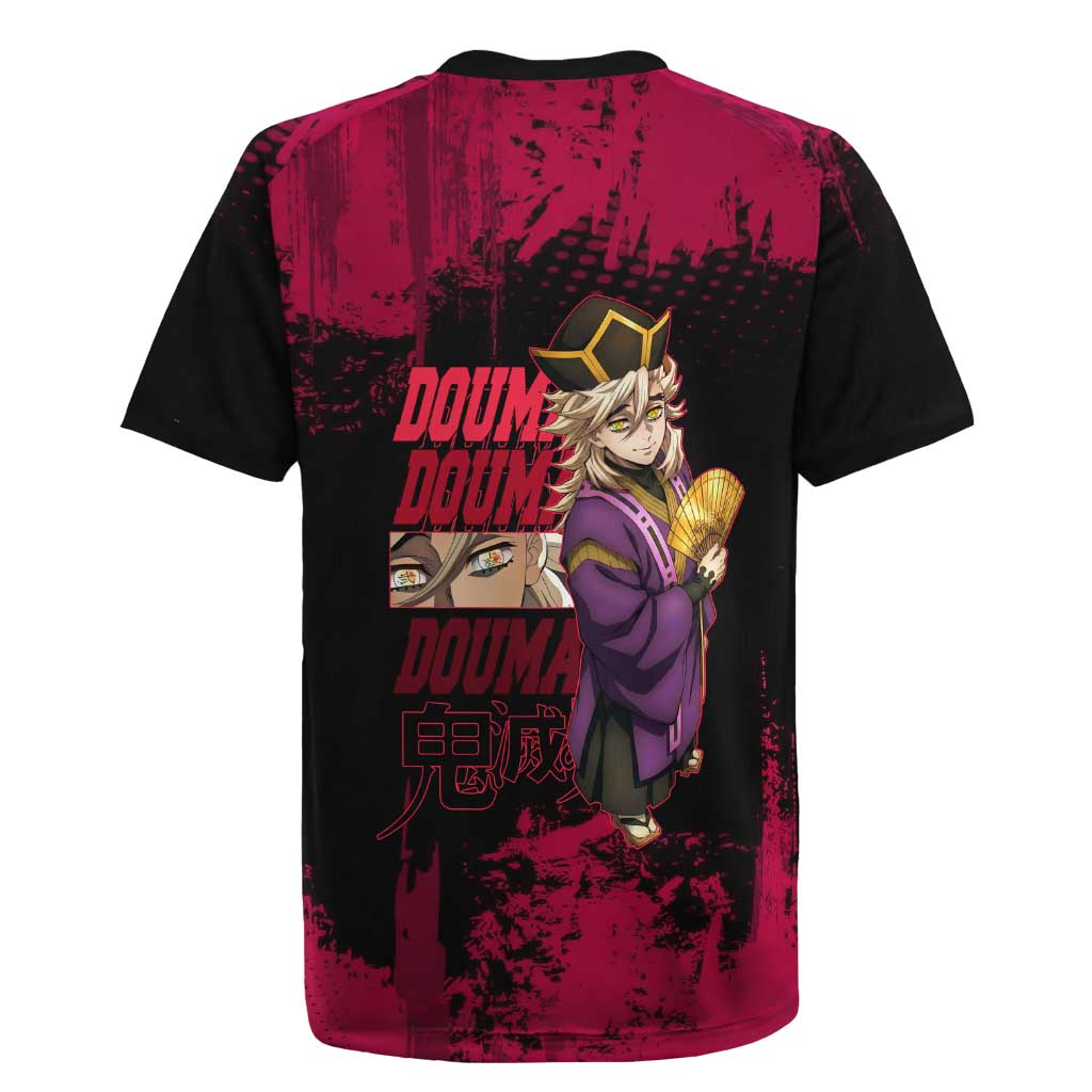 Douma Demon Slayer Red Grunge Design Rugby Jersey with Fan Pose and Piercing Eyes Detail - The Mazicc