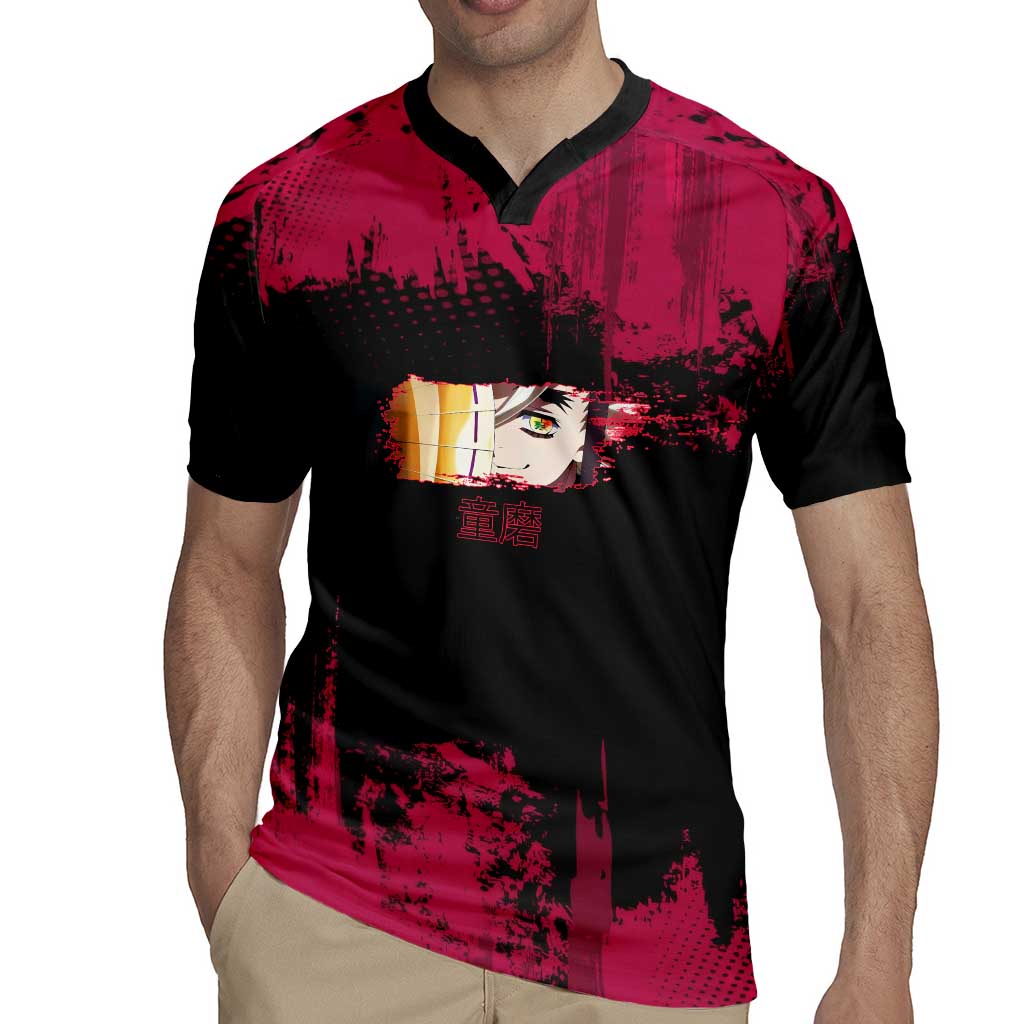 Douma Demon Slayer Red Grunge Design Rugby Jersey with Fan Pose and Piercing Eyes Detail - The Mazicc