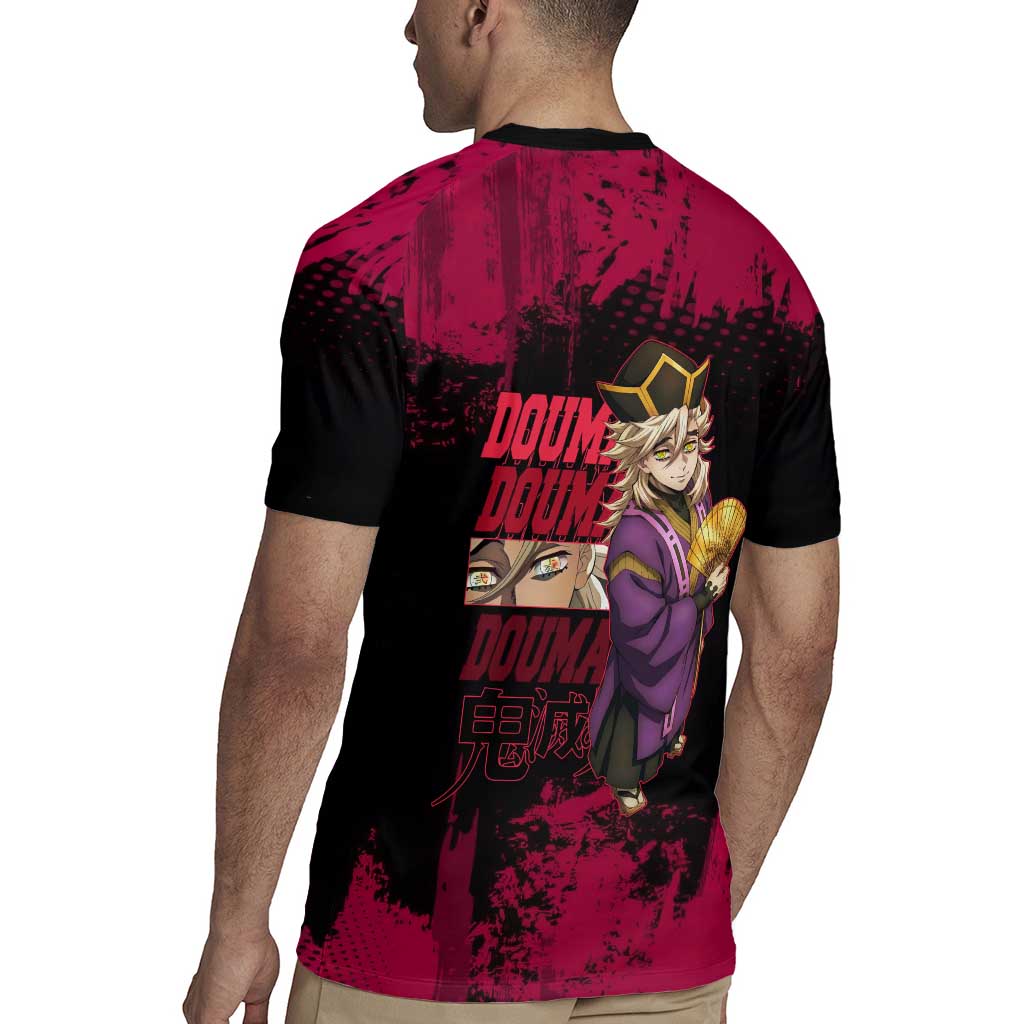 Douma Demon Slayer Red Grunge Design Rugby Jersey with Fan Pose and Piercing Eyes Detail - The Mazicc
