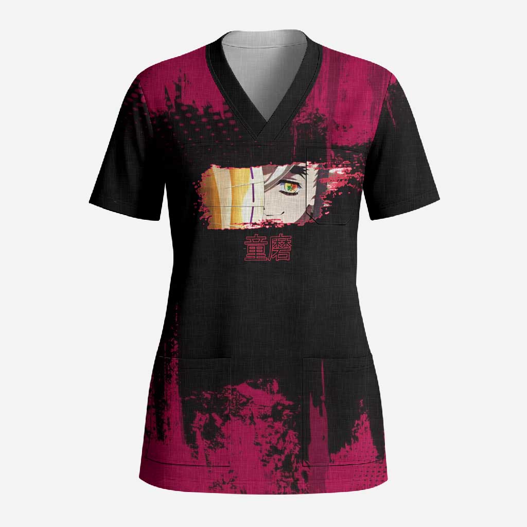 Douma Demon Slayer Red Grunge Design Scrub Top with Fan Pose and Piercing Eyes Detail - The Mazicc