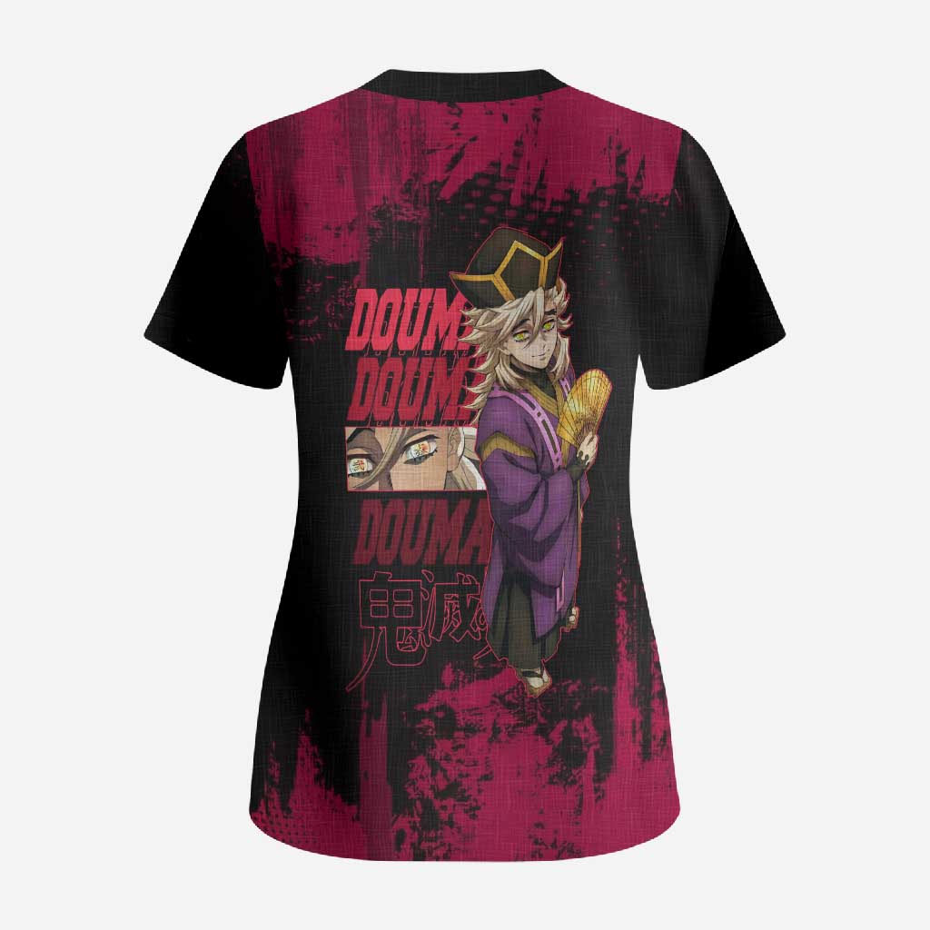 Douma Demon Slayer Red Grunge Design Scrub Top with Fan Pose and Piercing Eyes Detail - The Mazicc