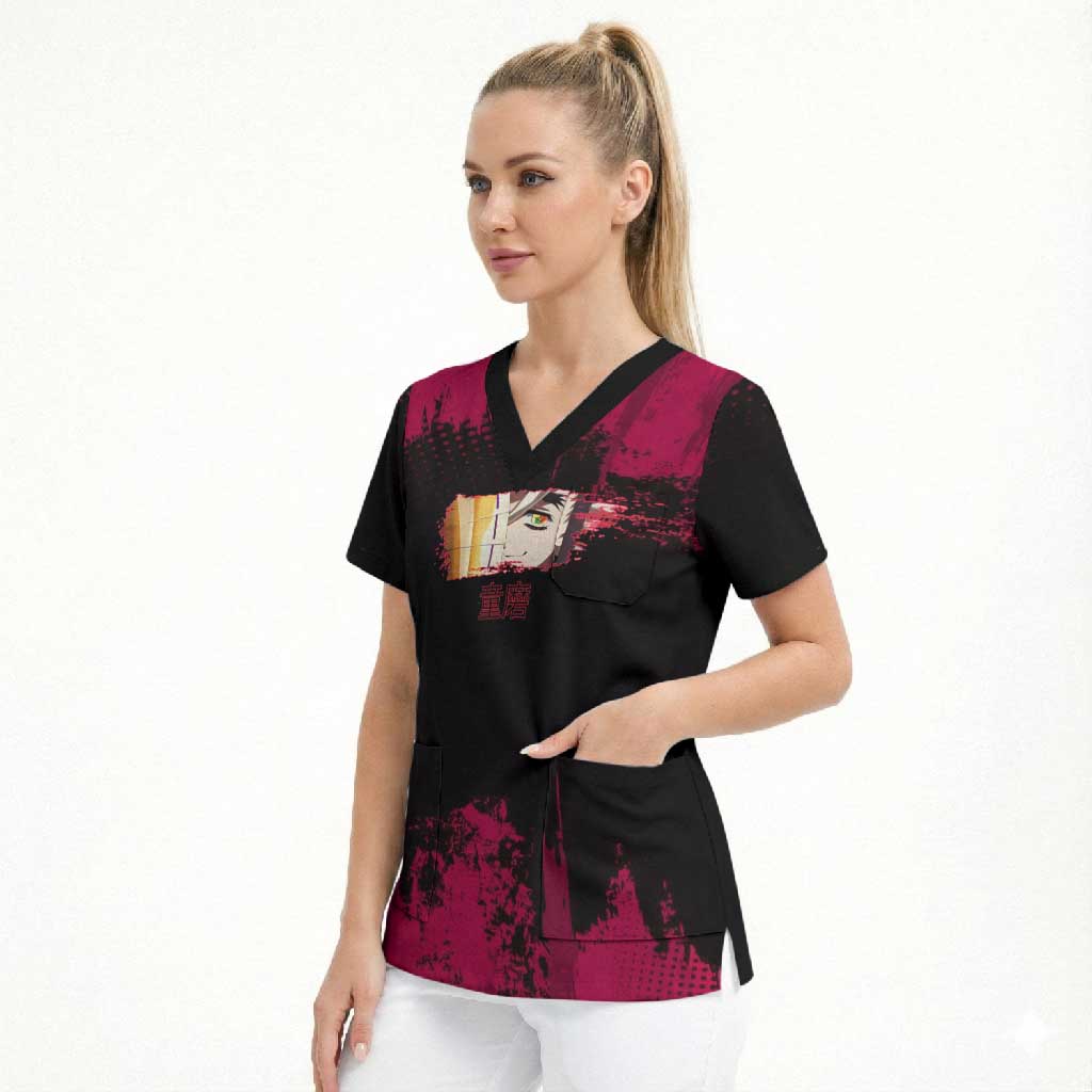 Douma Demon Slayer Red Grunge Design Scrub Top with Fan Pose and Piercing Eyes Detail - The Mazicc