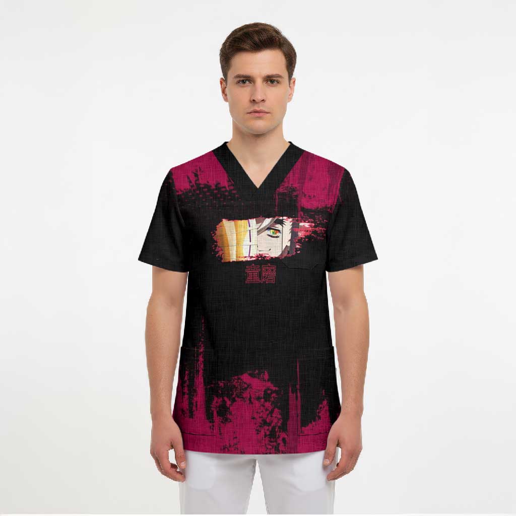 Douma Demon Slayer Red Grunge Design Scrub Top with Fan Pose and Piercing Eyes Detail - The Mazicc