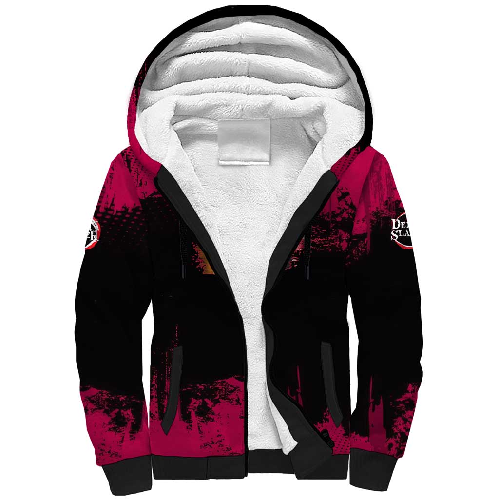 Douma Demon Slayer Red Grunge Design Sherpa Hoodie with Fan Pose and Piercing Eyes Detail - The Mazicc