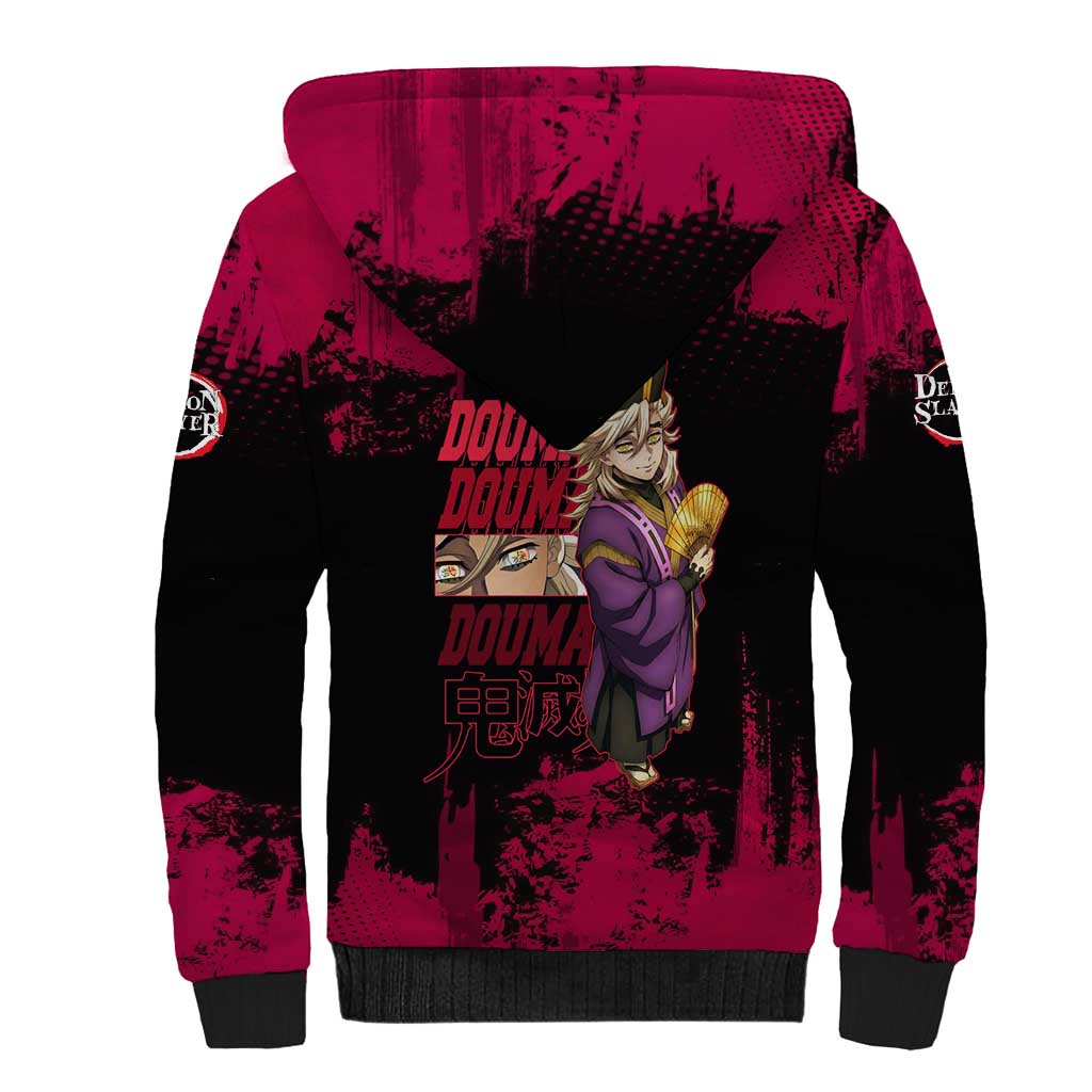 Douma Demon Slayer Red Grunge Design Sherpa Hoodie with Fan Pose and Piercing Eyes Detail - The Mazicc