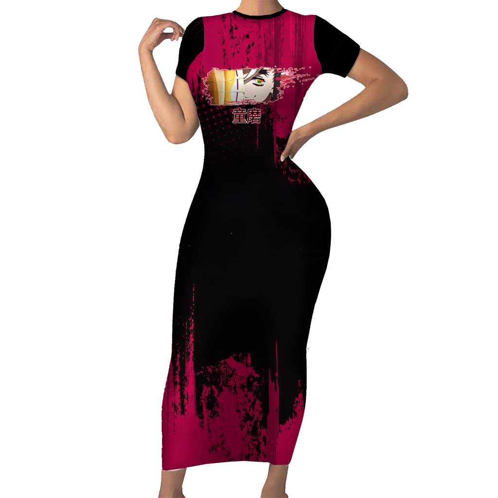 Douma Demon Slayer Red Grunge Design Short Sleeve Bodycon Dress with Fan Pose and Piercing Eyes Detail - The Mazicc