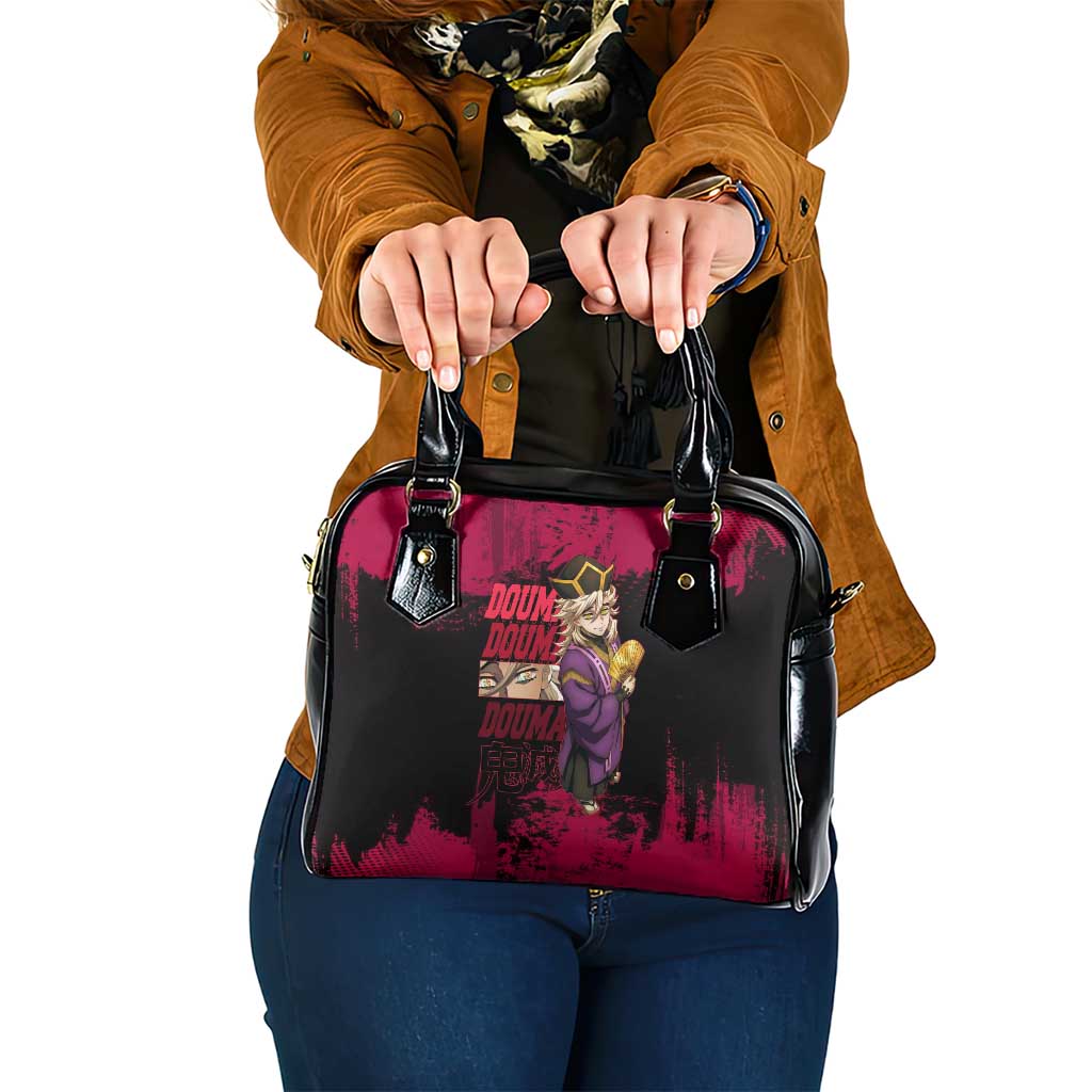 Douma Demon Slayer Red Grunge Design Shoulder Handbag with Fan Pose and Piercing Eyes Detail - The Mazicc