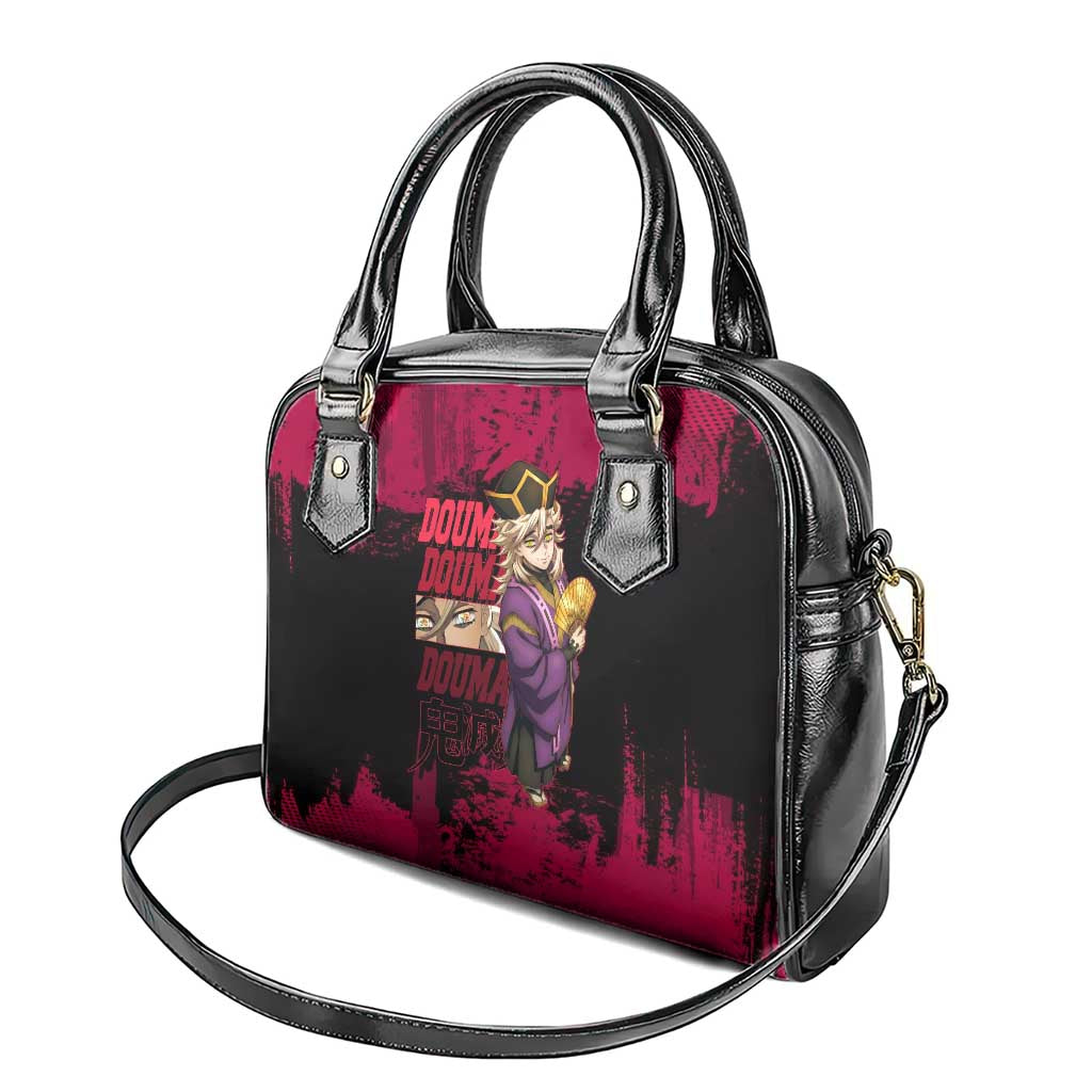 Douma Demon Slayer Red Grunge Design Shoulder Handbag with Fan Pose and Piercing Eyes Detail - The Mazicc