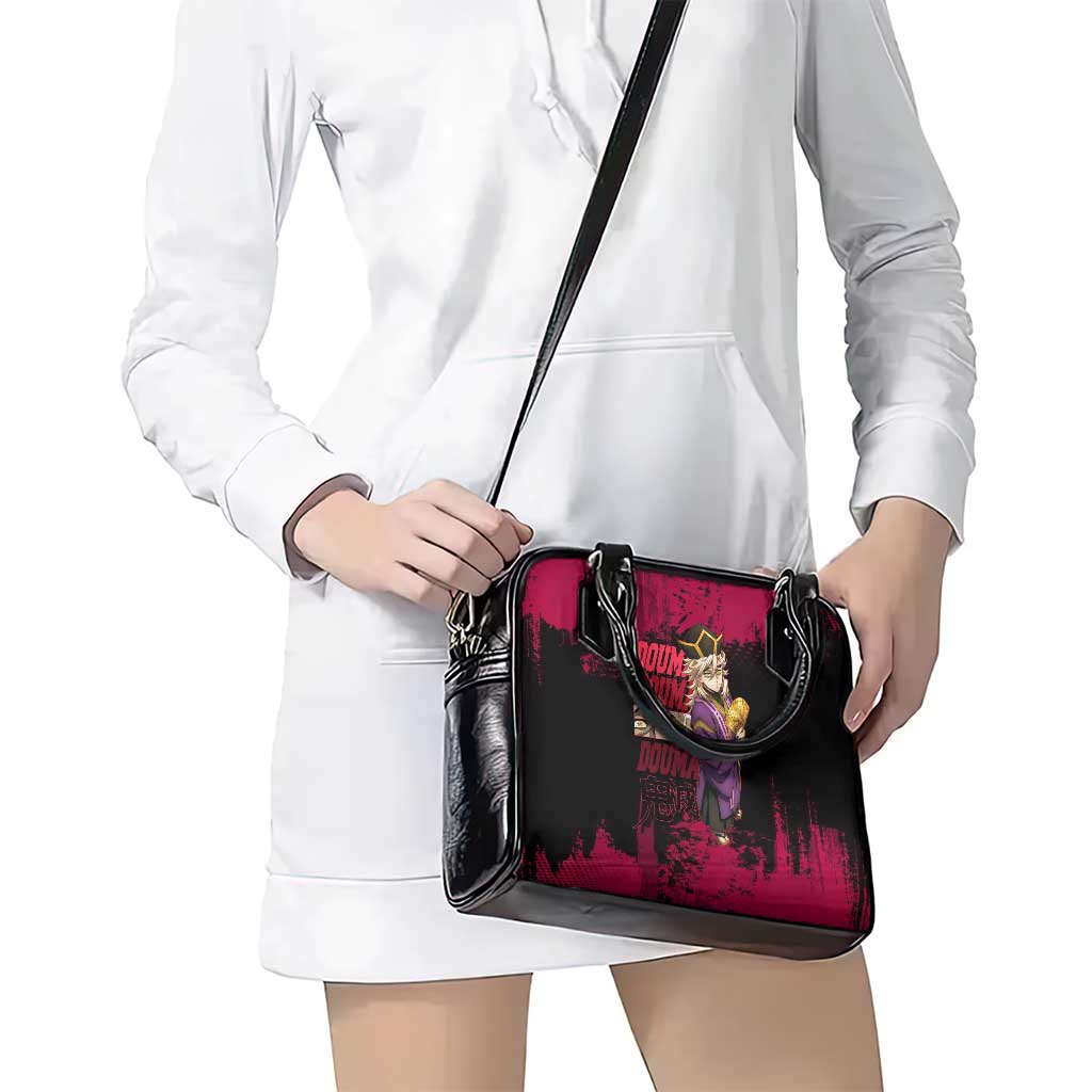 Douma Demon Slayer Red Grunge Design Shoulder Handbag with Fan Pose and Piercing Eyes Detail - The Mazicc