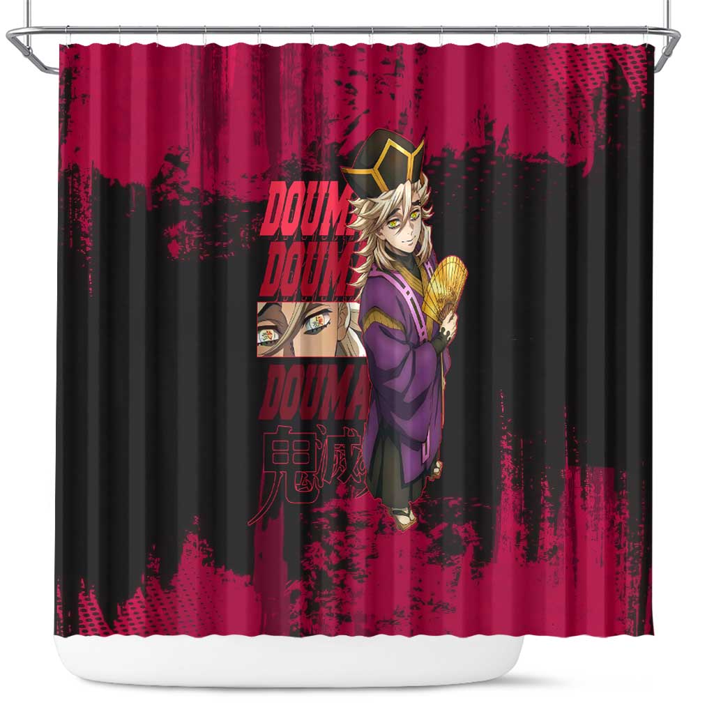 Douma Demon Slayer Red Grunge Design Shower Curtain with Fan Pose and Piercing Eyes Detail - The Mazicc