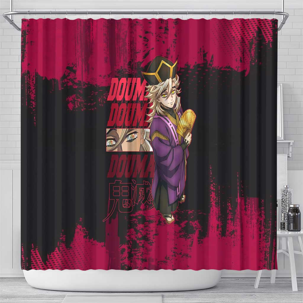 Douma Demon Slayer Red Grunge Design Shower Curtain with Fan Pose and Piercing Eyes Detail - The Mazicc