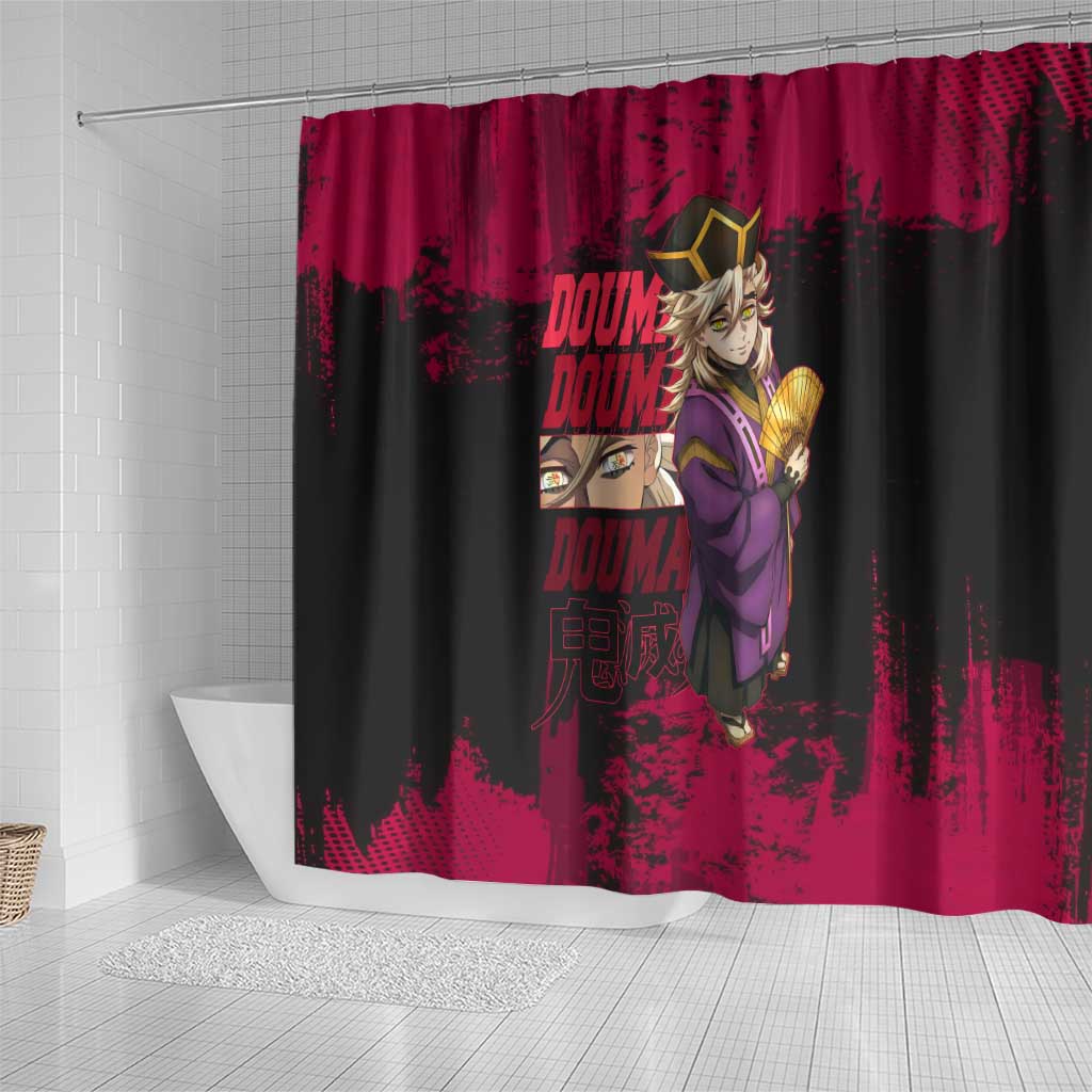 Douma Demon Slayer Red Grunge Design Shower Curtain with Fan Pose and Piercing Eyes Detail - The Mazicc