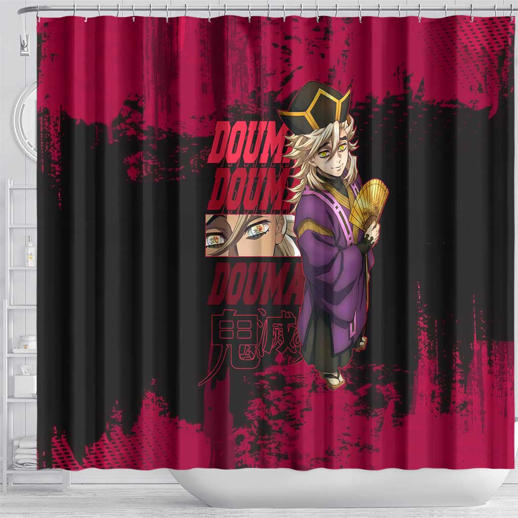 Douma Demon Slayer Red Grunge Design Shower Curtain with Fan Pose and Piercing Eyes Detail - The Mazicc