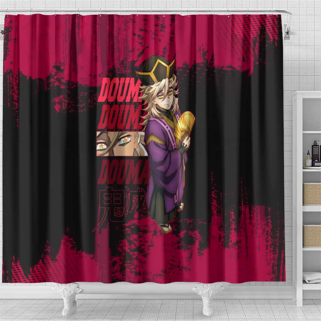 Douma Demon Slayer Red Grunge Design Shower Curtain with Fan Pose and Piercing Eyes Detail - The Mazicc