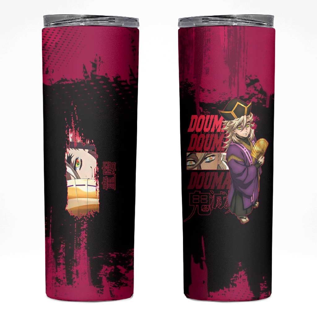 Douma Demon Slayer Red Grunge Design Skinny Tumbler with Fan Pose and Piercing Eyes Detail - The Mazicc